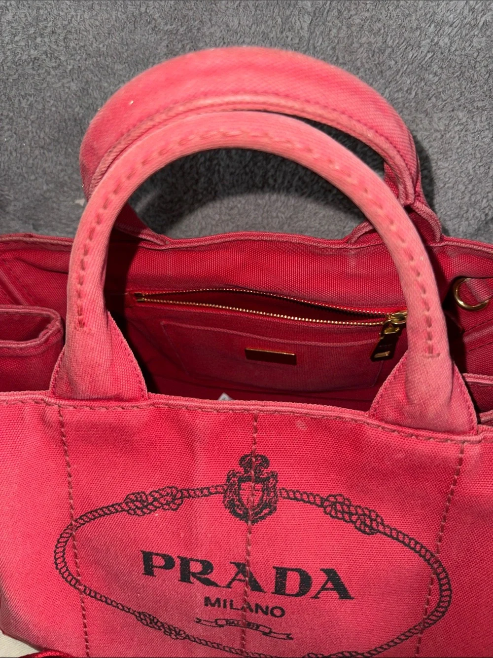 Prada Canapa Pink-Red Canvas Tote with Gold Hardware - Picture 15 of 16